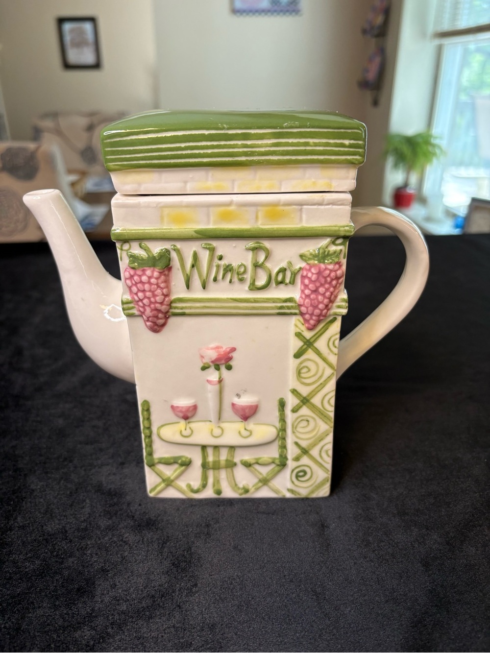 Wine Shop Ceramic Teapot in Green and Pink - Decorative Home Kitchen - Picture 3 of 8